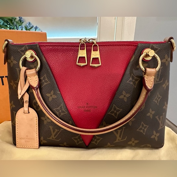Louis Vuitton Monogram Canvas Red Leather V Tote Two-Way Handbag Purse - Picture 4 of 15